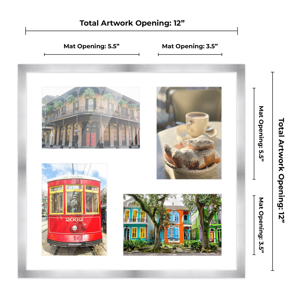 Stainless Steel Silver Wood Finish Collage Frame - White Mat, 20 Frame Sizes to Choose From, UV Acrylic, Wall Hanging Hardware, Vertical or Horizontal Display